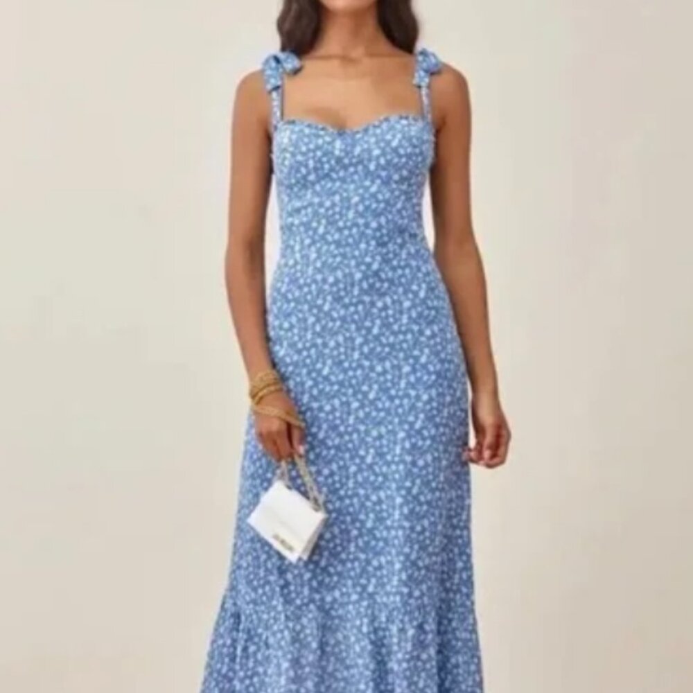 Reformation Nadira blue and white dress